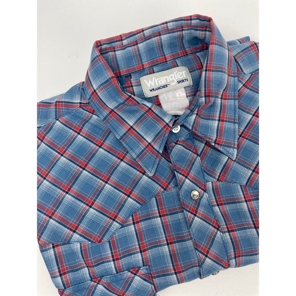 Wrangler Rancher Shirt Men’s L Pearl Snap Blue/Red Plaid Long Sleeve